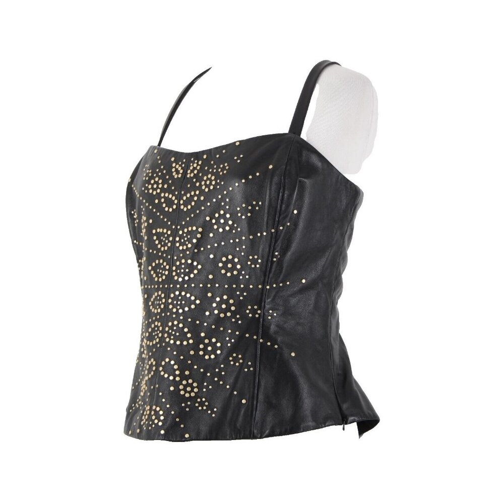 Dana Buchman Sz 12 Black Bronze Lined Studded 100% Leather Poly Lined Corset Top - Picture 3 of 16